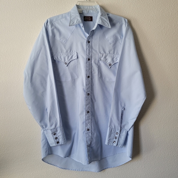 Elderado Pearl Snap Long Sleeve Western Shirt Button Up Blue Solid Never Iron - Picture 1 of 10
